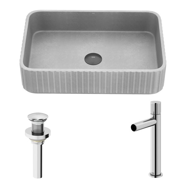 VIGO Windsor 14-in x 21-in Gray Concreto Stone Rectangular Vessel Bathroom Sink with Ashford Chrome Faucet and Pop-Up Drain