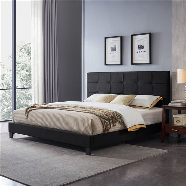 Cape Crack King-size Upholstered Platform Bed Frame with Contemporary Tufted Waffle Stitching, Easy Assembly, Black