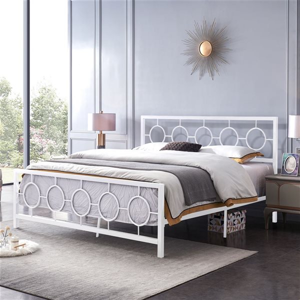 Cape Crack King size Classical Metal Bed Frame with Circular Design Headboard and Footboard, Under Bed Space, White