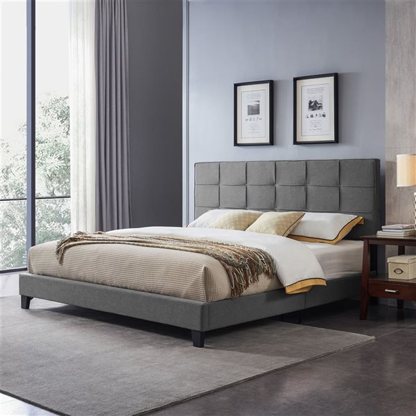 Cape Crack King-size Upholstered Platform Bed Frame with Contemporary Tufted Waffle Stitching, Charcoal Grey