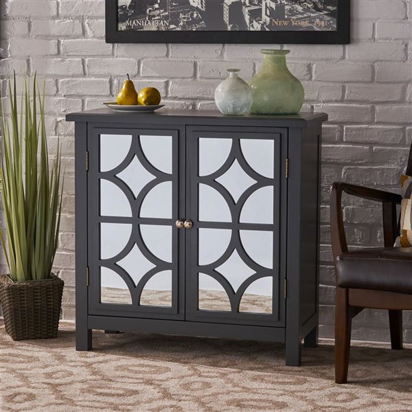 Cape Crack Firwood Mirror Finished Double Door Cabinet, Charcoal Grey