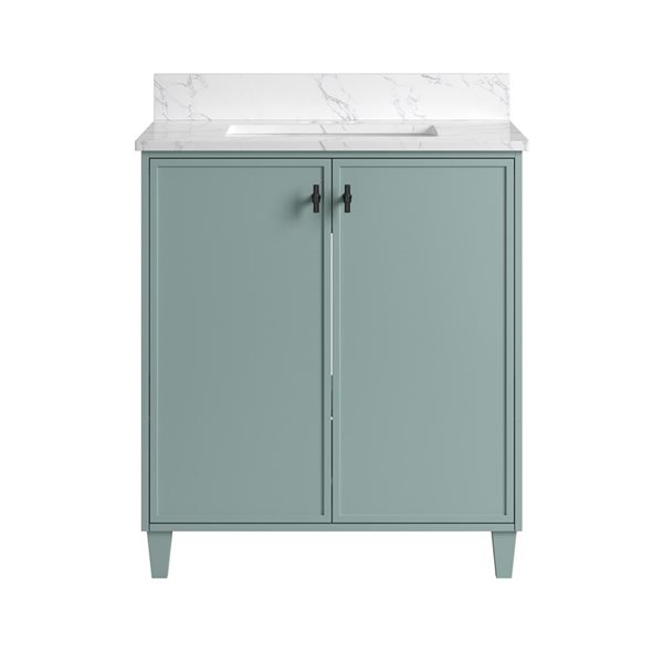 Meuble-lavabo vert Carleigh de Craft + Main 31 po plan en pierre synthétique et 2 portes