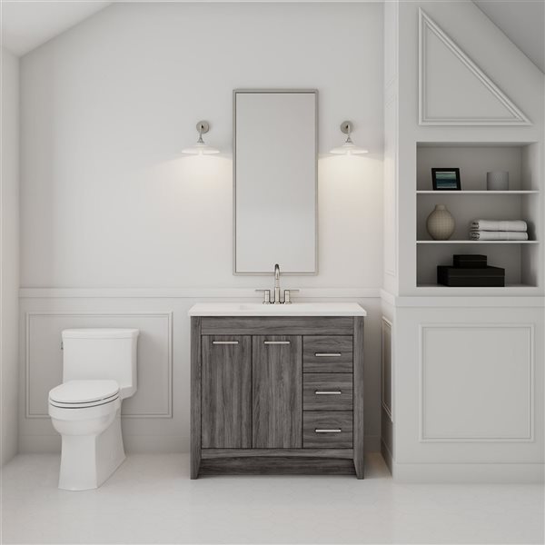 Meuble-lavabo gris Jaxson de Craft + Main 37 po à plan similimarbre 2 portes et 3 tiroirs