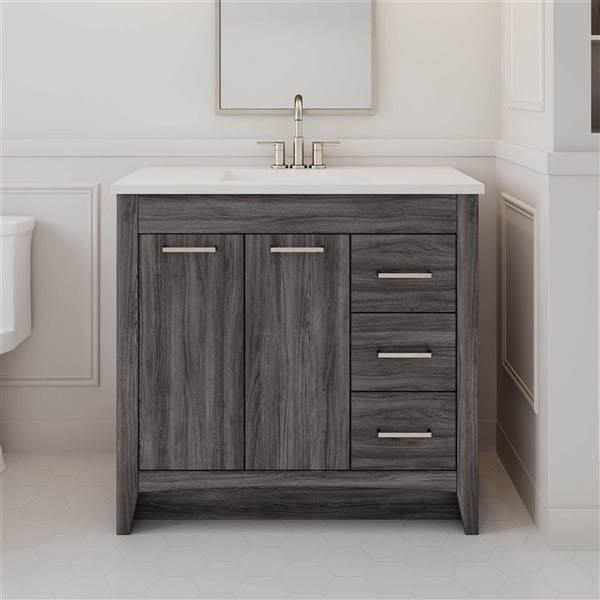 Meuble-lavabo gris Jaxson de Craft + Main 37 po à plan similimarbre 2 portes et 3 tiroirs