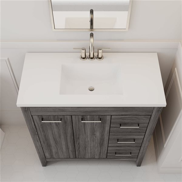 Meuble-lavabo gris Jaxson de Craft + Main 37 po à plan similimarbre 2 portes et 3 tiroirs