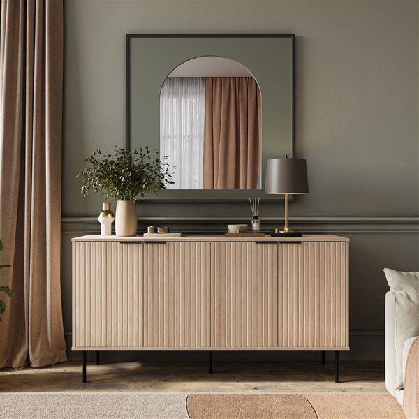 Brentwood Valley Designs Alexander Light Brown Fluted Engineered Wood Sideboard w/ Black Metal Legs