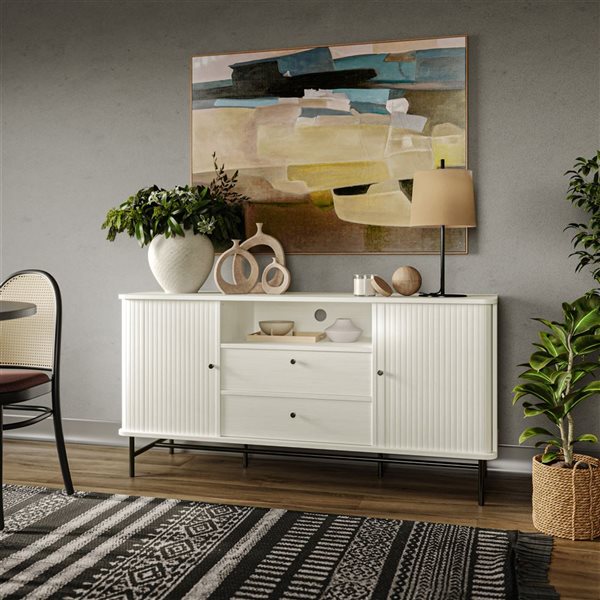 Brentwood Valley Designs Riko White Fluted Engineered Wood Sideboard w/ Black Metal Legs