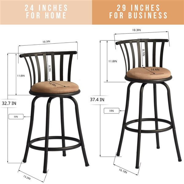 Homy Casa Black Metal Frame/Brown Cushion Adjustable 24 or 29-in Upholstered Swivel Counter Height Barstool - Set of 2