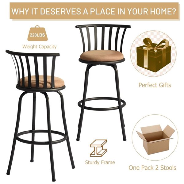 Homy Casa Black Metal Frame/Brown Cushion 29-in Upholstered Swivel Counter Height Barstool - Set of 3