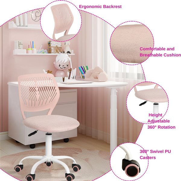 Homy Casa Teens Adjustable Mesh Upholstered Swivel Student Kid Study Desk Task Chair w/ Lumbar Support - Pink