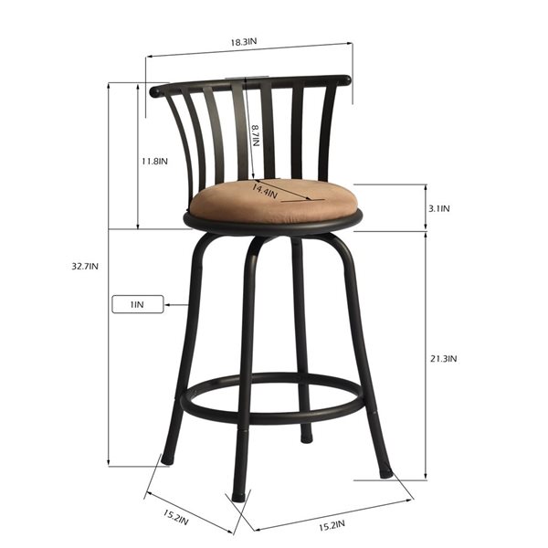 Homy Casa Black Metal Frame/Brown Cushion 32.7-in Upholstered Swivel Counter Height Barstool - Set of 3