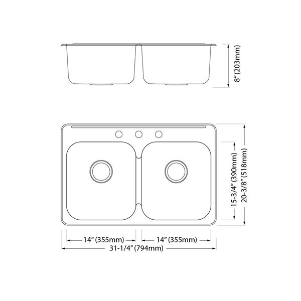 Blue Ocean 31 1/4-in 18-Gauge Stainless Steel Drop-In Top Mount Double Kitchen Sink w/ Strainers