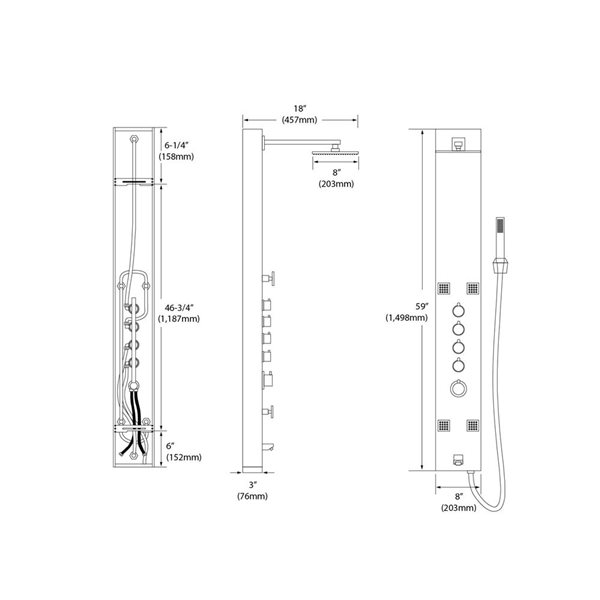 Blue Ocean 59-in Stainless Steel Thermostatic Shower Panel w/ Rainfall Shower Head and Body Nozzles