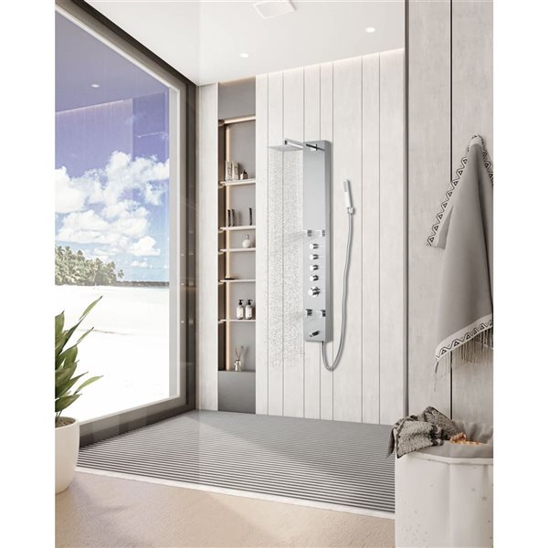 Blue Ocean 59-in Stainless Steel Thermostatic Shower Panel w/ Rainfall Shower Head and Body Nozzles