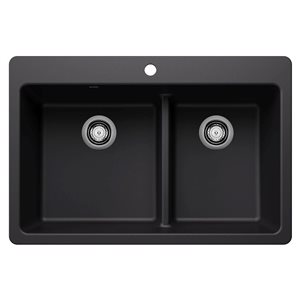 BLANCO Liven SILGRANIT 33-in 60/40 Double Bowl Dual Mount Kitchen Sink with Low Divide - Coal Black