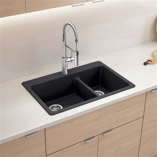 BLANCO Liven SILGRANIT 33-in 60/40 Double Bowl Dual Mount Kitchen Sink with Low Divide - Coal Black