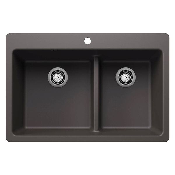 BLANCO Liven SILGRANIT 33-in 60/40 Double Bowl Dual Mount Kitchen Sink with Low Divide - Cinder