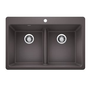 BLANCO Liven SILGRANIT 33-in 50/50 Double Bowl Dual Mount Kitchen Sink with Low Divide - Cinder