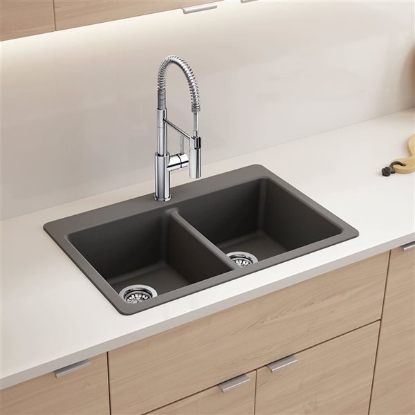 BLANCO Liven SILGRANIT 33-in 50/50 Double Bowl Dual Mount Kitchen Sink with Low Divide - Cinder