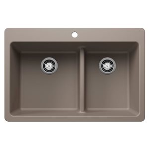 BLANCO Liven SILGRANIT 33-in 60/40 Double Bowl Dual Mount Kitchen Sink with Low Divide - Truffle