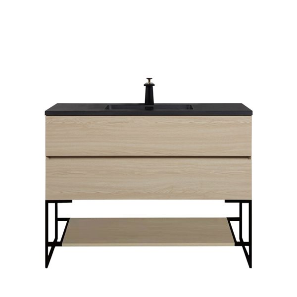 Meuble-lavabo 48 po beige Sadie par GEF avec comptoir en quartz d'ingénierie noir, structure en métal et étagère ouverte