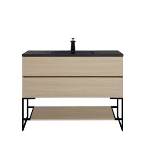 Meuble-lavabo 48 po beige Sadie par GEF avec comptoir en quartz d'ingénierie noir, structure en métal et étagère ouverte