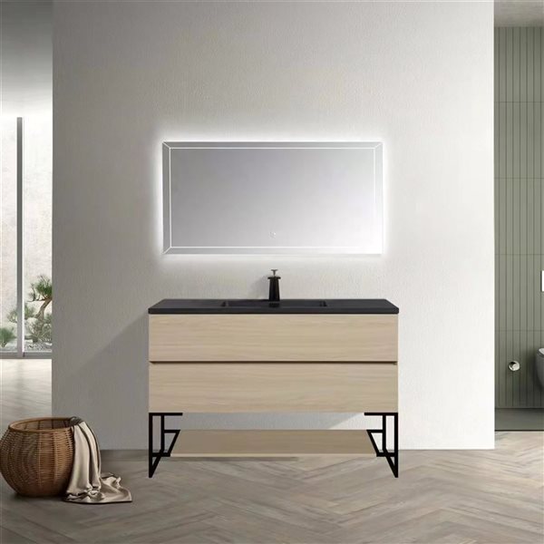 GEF Sadie 48-in Wheat Vanity with Black Engineered Quartz Top Single Sink and Metal Frame and Open Shelf