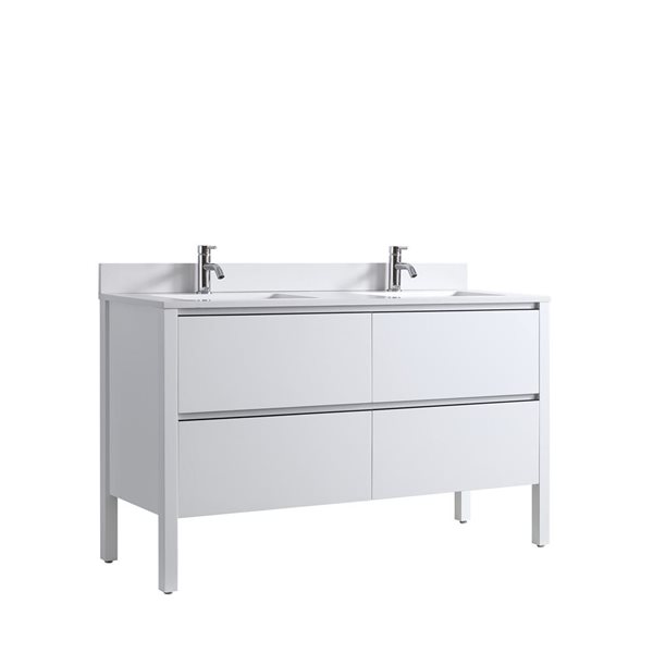 GEF Sloane 60-in Glossy White Freestanding Vanity with Solid White Quartz Top Double Sink