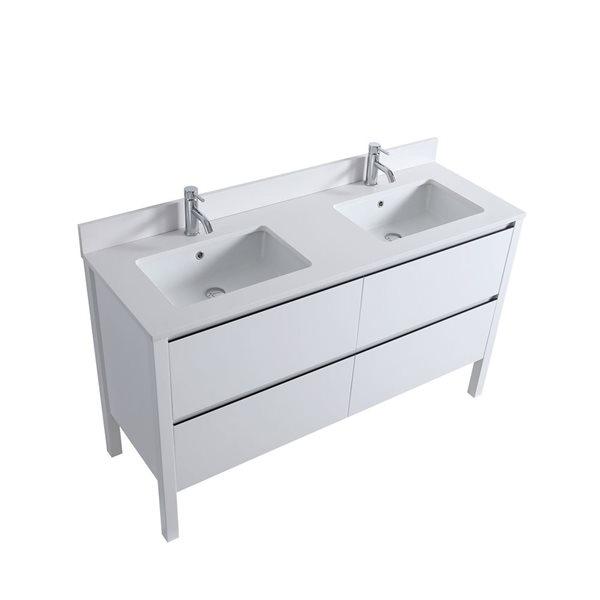 GEF Sloane 60-in Glossy White Freestanding Vanity with Solid White Quartz Top Double Sink