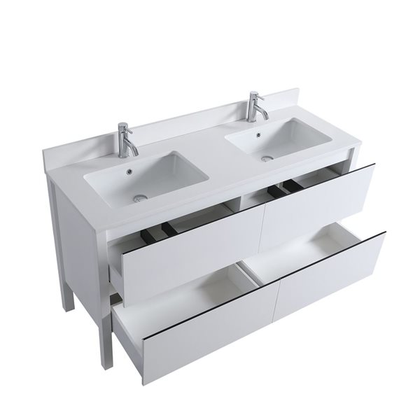 GEF Sloane 60-in Glossy White Freestanding Vanity with Solid White Quartz Top Double Sink