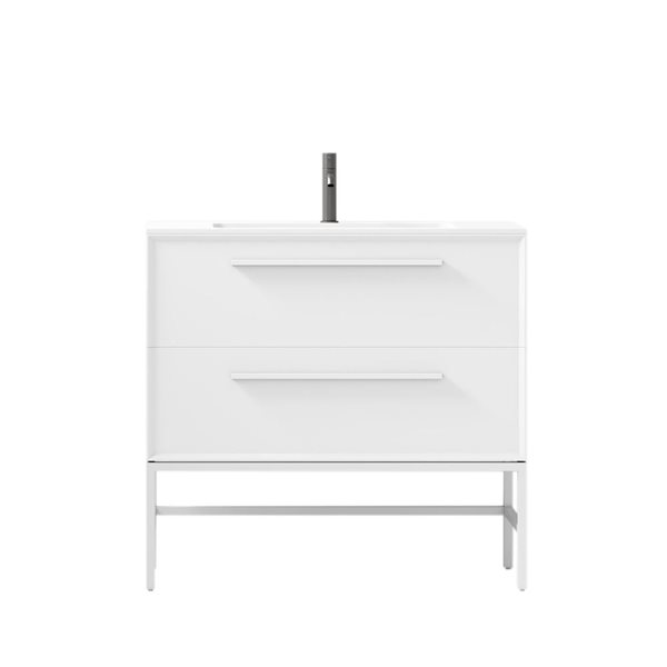 Meuble-lavabo 36 po blanc Savoir par GEF avec comptoir à surface solide blanc mat avec pied