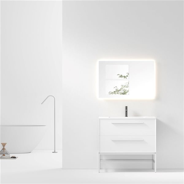 Meuble-lavabo 36 po blanc Savoir par GEF avec comptoir à surface solide blanc mat avec pied