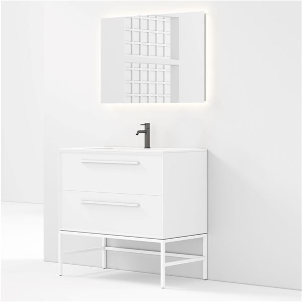 Meuble-lavabo 36 po blanc Savoir par GEF avec comptoir à surface solide blanc mat avec pied