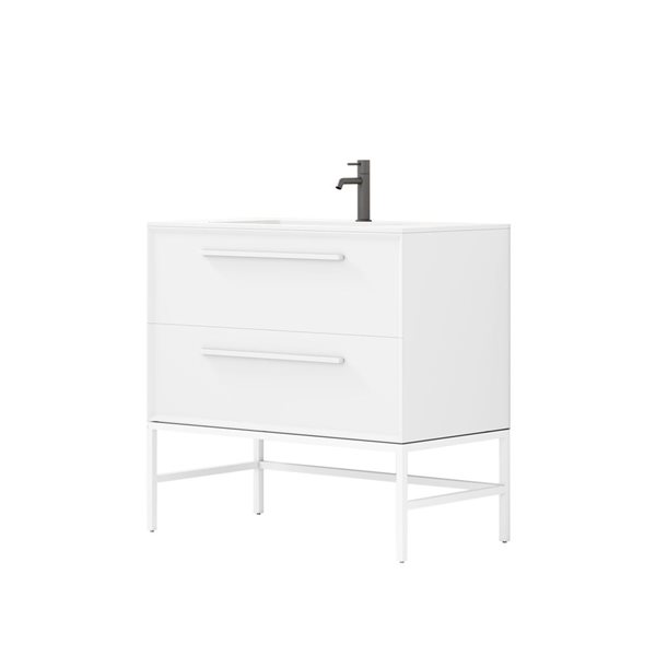 Meuble-lavabo 36 po blanc Savoir par GEF avec comptoir à surface solide blanc mat avec pied