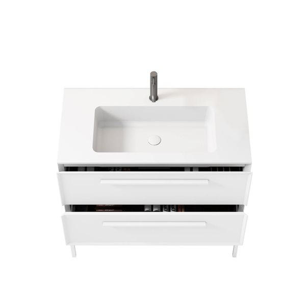 Meuble-lavabo 36 po blanc Savoir par GEF avec comptoir à surface solide blanc mat avec pied