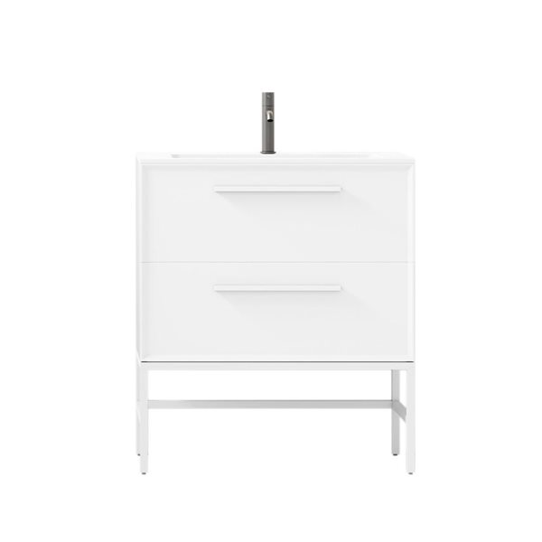 Meuble-lavabo 30 po blanc Savoir par GEF avec comptoir à surface solide blanc mat avec pied