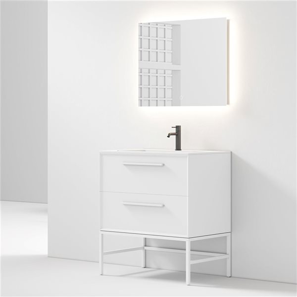 Meuble-lavabo 30 po blanc Savoir par GEF avec comptoir à surface solide blanc mat avec pied