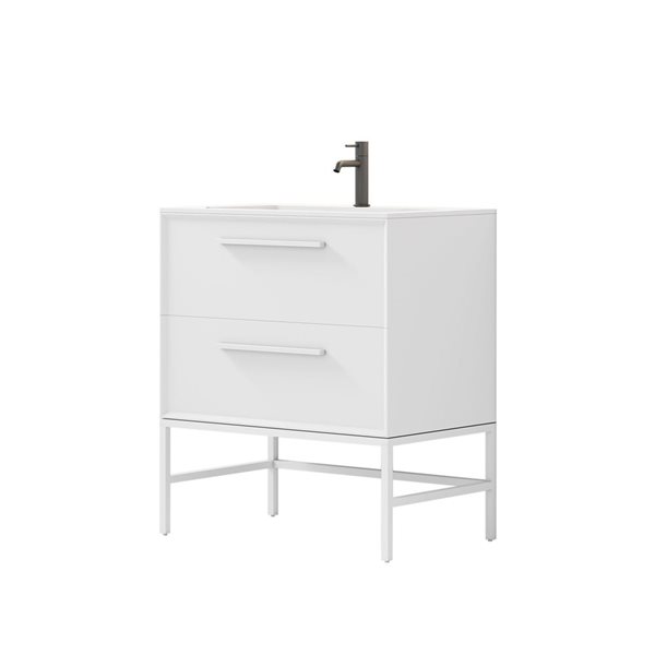 Meuble-lavabo 30 po blanc Savoir par GEF avec comptoir à surface solide blanc mat avec pied