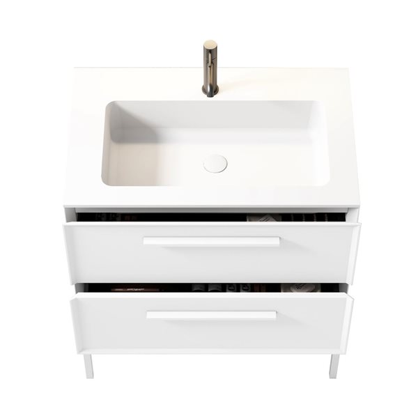 Meuble-lavabo 30 po blanc Savoir par GEF avec comptoir à surface solide blanc mat avec pied