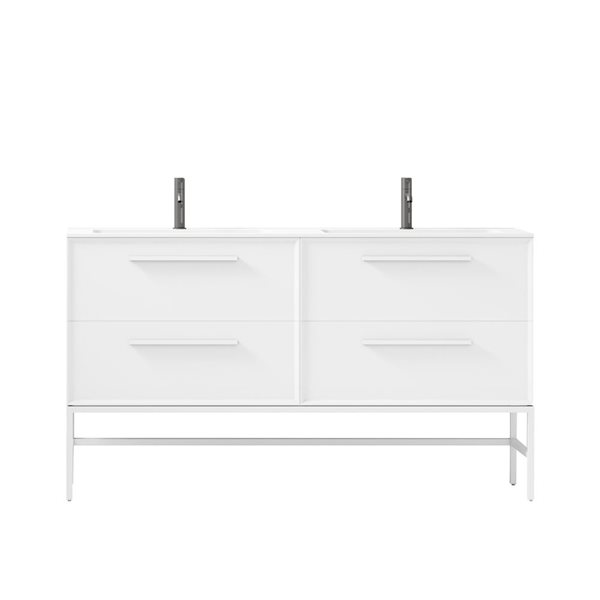 GEF Savoir 60-in WhiteVanity with Matte White Solid Surface Top Double Sink with Leg