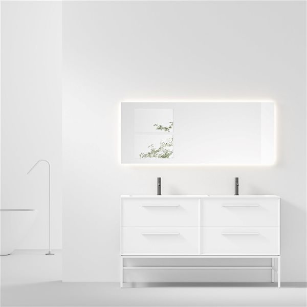 GEF Savoir 60-in WhiteVanity with Matte White Solid Surface Top Double Sink with Leg