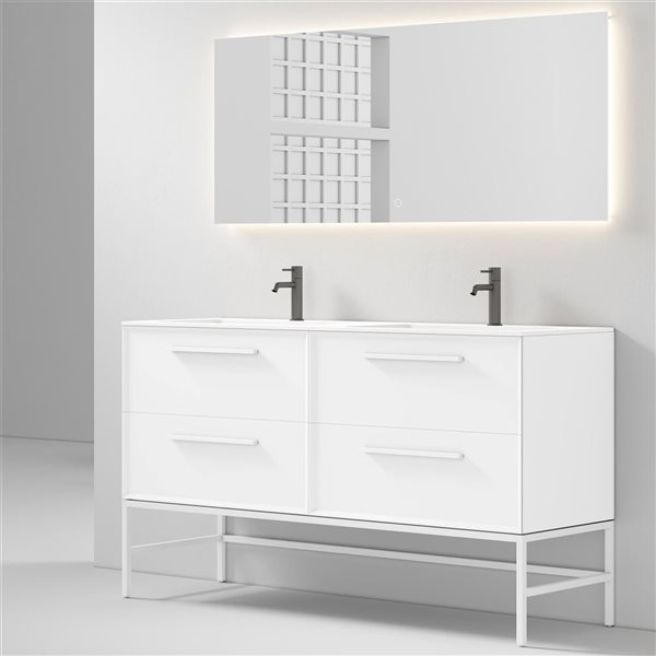 GEF Savoir 60-in WhiteVanity with Matte White Solid Surface Top Double Sink with Leg