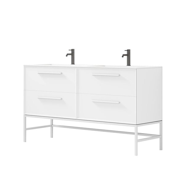 GEF Savoir 60-in WhiteVanity with Matte White Solid Surface Top Double Sink with Leg