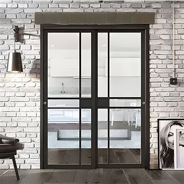 Porte vitrée apprêtée noire GREENWICH de Garson 28 po x 80 po x 1 3/8 po avec ensemble de poignées