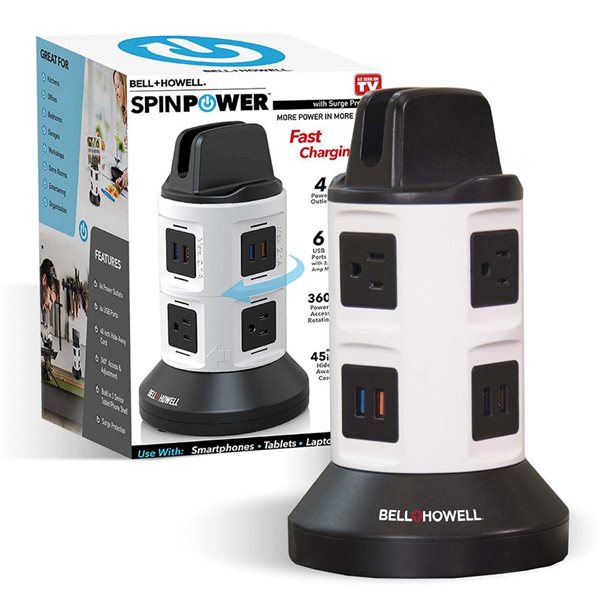 Bell + Howell Spin Power White Rotary 125 V 4-Outlet Charging Station w/ 6 USB Ports