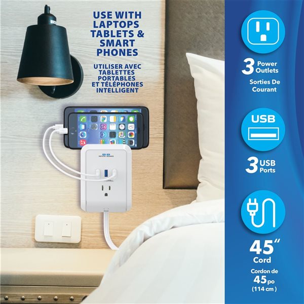 Bell + Howell Power Pro White 125 V 3-Outlet Wall Outlet Surge Protector w/ 3 USB Ports and Extension Cord