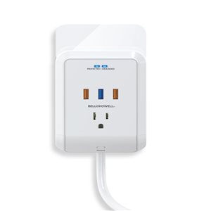 Protecteur de surtension de prise murale Power Pro de Ben + Howell 125 V blanc à 3 prises avec 3 ports USB et rallonge