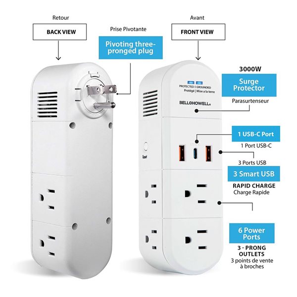 Bell + Howell Swivel Power White 125 V 180° Swivelling 6-Outlet Power Strip w/ 3 USB Ports