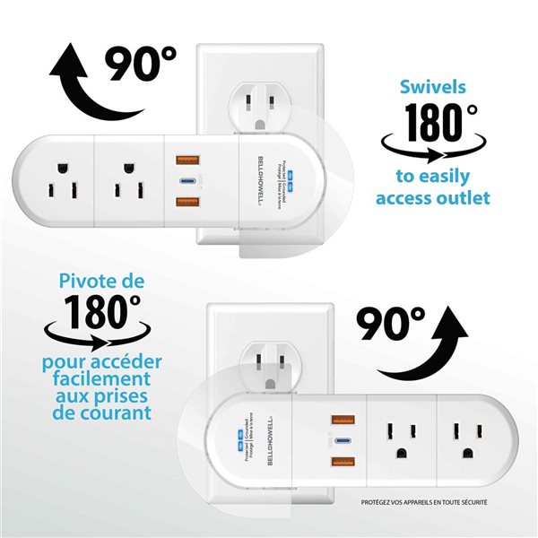 Barre d'alimentation électrique pivotante Ben + Howell blanc 125 V 180° avec 6 prises et 3 ports USB