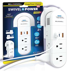 Bell + Howell Swivel Power White 125 V 180° Swivelling 6-Outlet Power Strip w/ 3 USB Ports